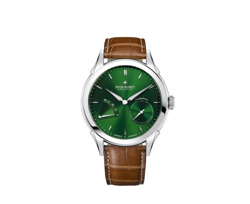 Montre Pequignet Rue Royale automatique cadran vert bracelet en cuir d'alligator gold foncé 42 mm