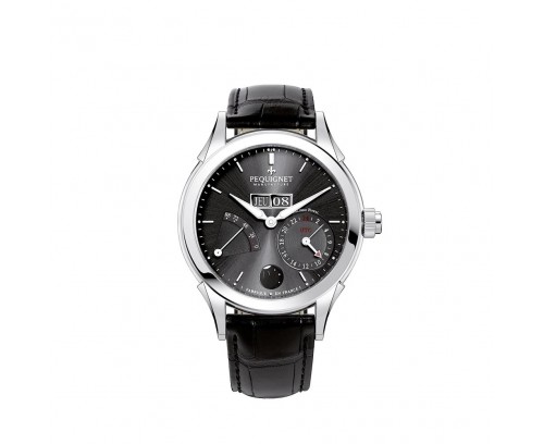 Montre Pequignet Royale GMT automatique cadran gris anthracite bracelet en cuir noir 42 mm