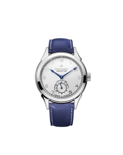 Montre Pequignet Royale Manuelle manuel cadran blanc opalin bracelet en cuir bleu 42 mm