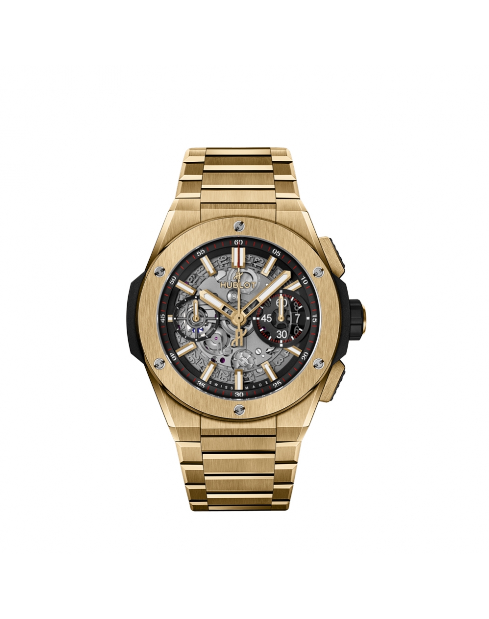 Montre Hublot Big Bang Unico Integrated Yellow Gold automatique cadran squeletté noir mat bracelet or jaune 18K 42 mm