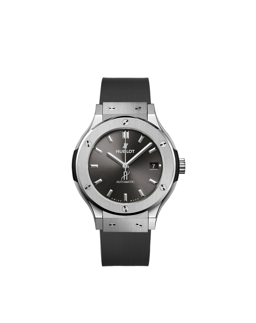 Montre Hublot Classic Fusion automatique cadran gris bracelet caoutchouc gris ligné 38 mm