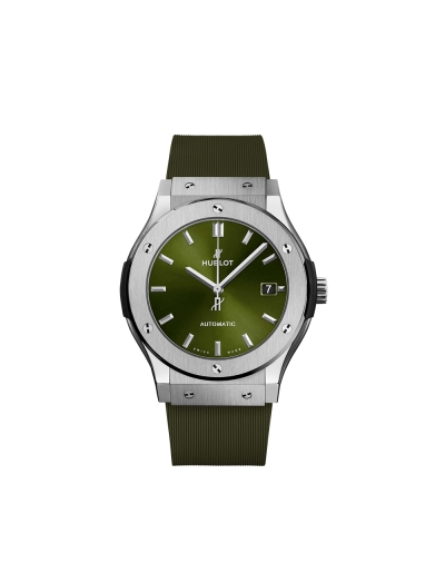 Montre Hublot Classic Fusion automatique cadran vert bracelet caoutchouc vert ligné 45 mm