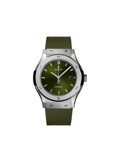 Montre Hublot Classic Fusion automatique cadran vert bracelet caoutchouc vert ligné 42 mm