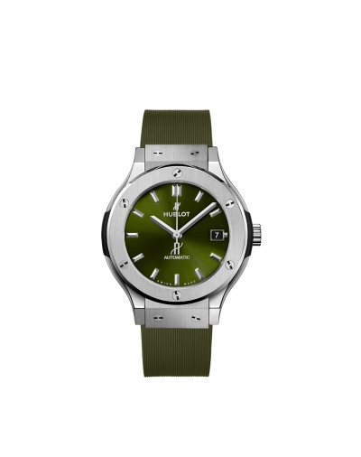 Montre Hublot Classic Fusion automatique cadran vert bracelet caoutchouc vert ligné 38 mm