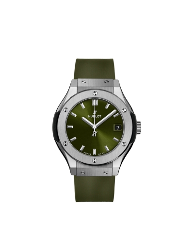 Montre Hublot Classic Fusion quartz cadran vert bracelet caoutchouc vert ligné 33 mm