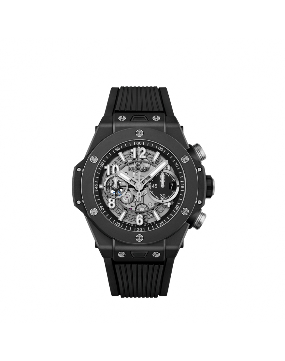 Montre Hublot Big Bang Unico Black Magic automatique cadran squeletté noir mat bracelet caoutchouc noir 44 mm