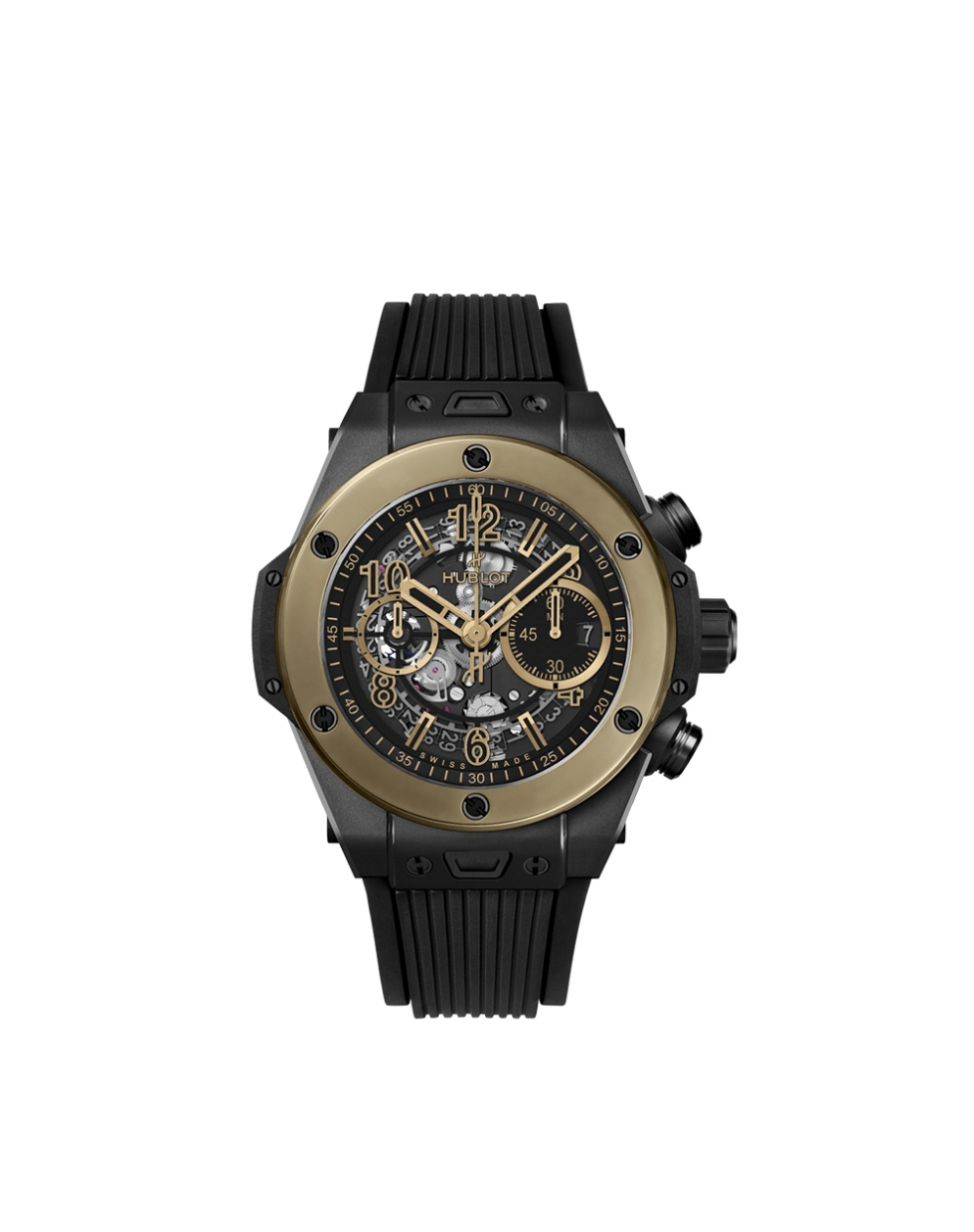 Montre Hublot Big Bang Unico Ceramic Magic Gold automatique cadran squeletté noir mat bracelet caoutchouc noir 44 mm