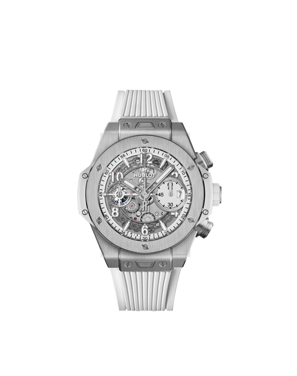 Montre Hublot Big Bang Unico Titanium White automatique cadran blanc mat bracelet caoutchouc blanc 42 mm