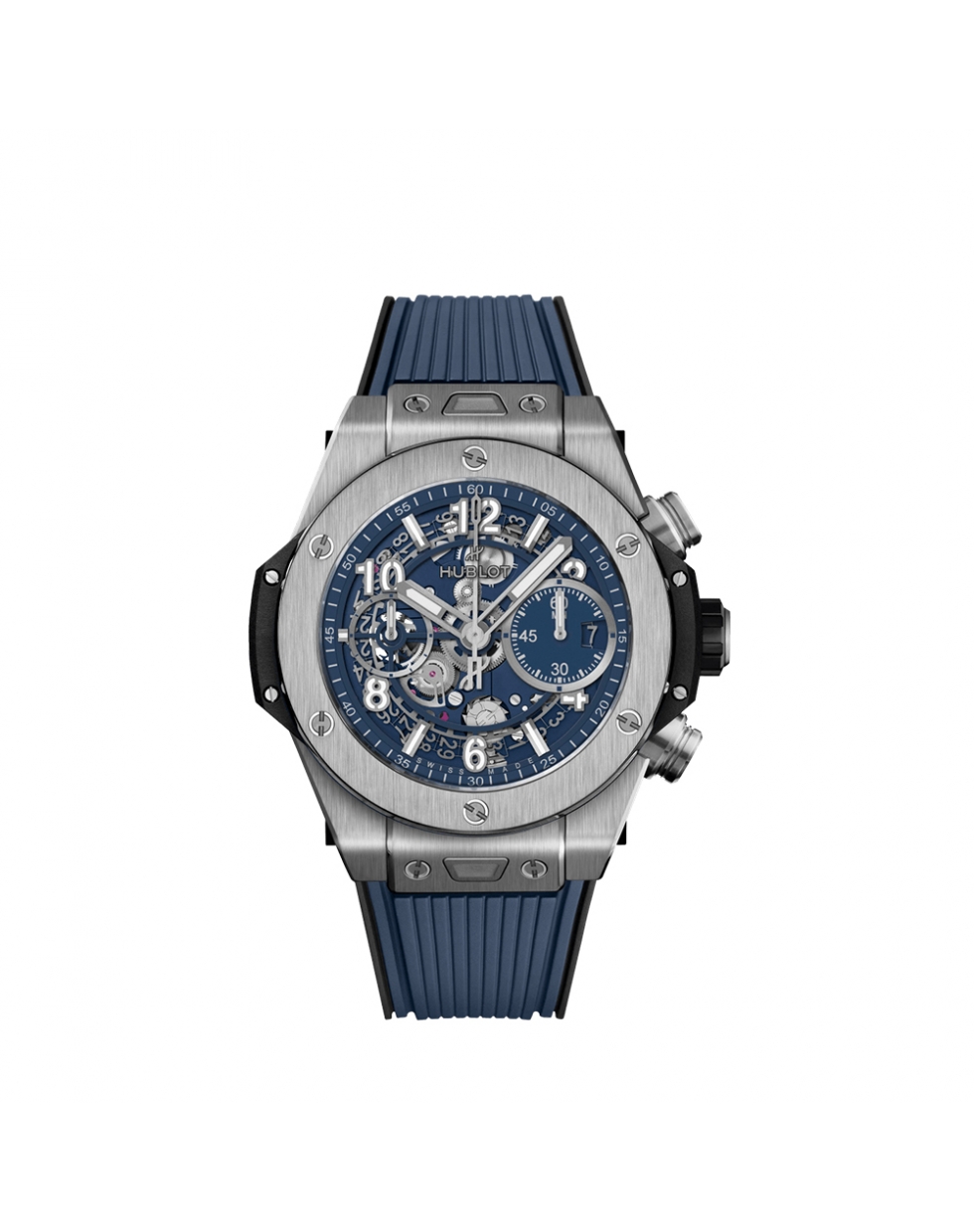 Montre Hublot Big Bang Unico Titanium Blue automatique cadran squeletté bleu mat bracelet caoutchouc noir et bleu 42 mm