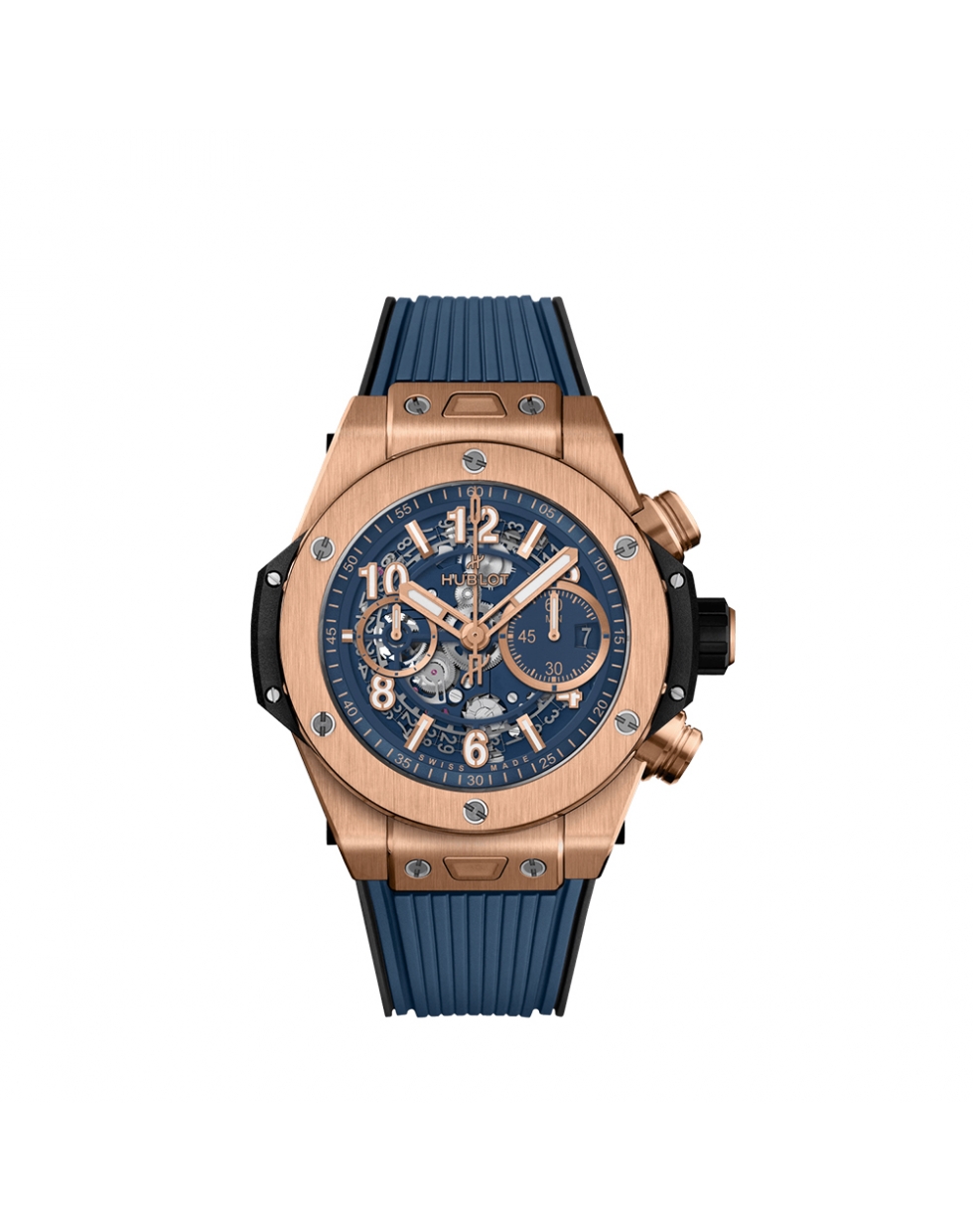 Montre Hublot Big Bang Unico King Gold Blue automatique cadran squeletté bleu mat bracelet caoutchouc bleu 44 mm