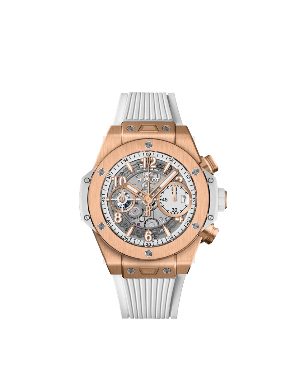 Montre Hublot Big Bang Unico King Gold White automatique cadran blanc mat bracelet caoutchouc blanc 42 mm