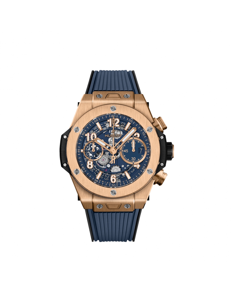 Montre Hublot Big Bang Unico King Gold Blue automatique cadran squeletté bleu mat bracelet caoutchouc bleu 42 mm