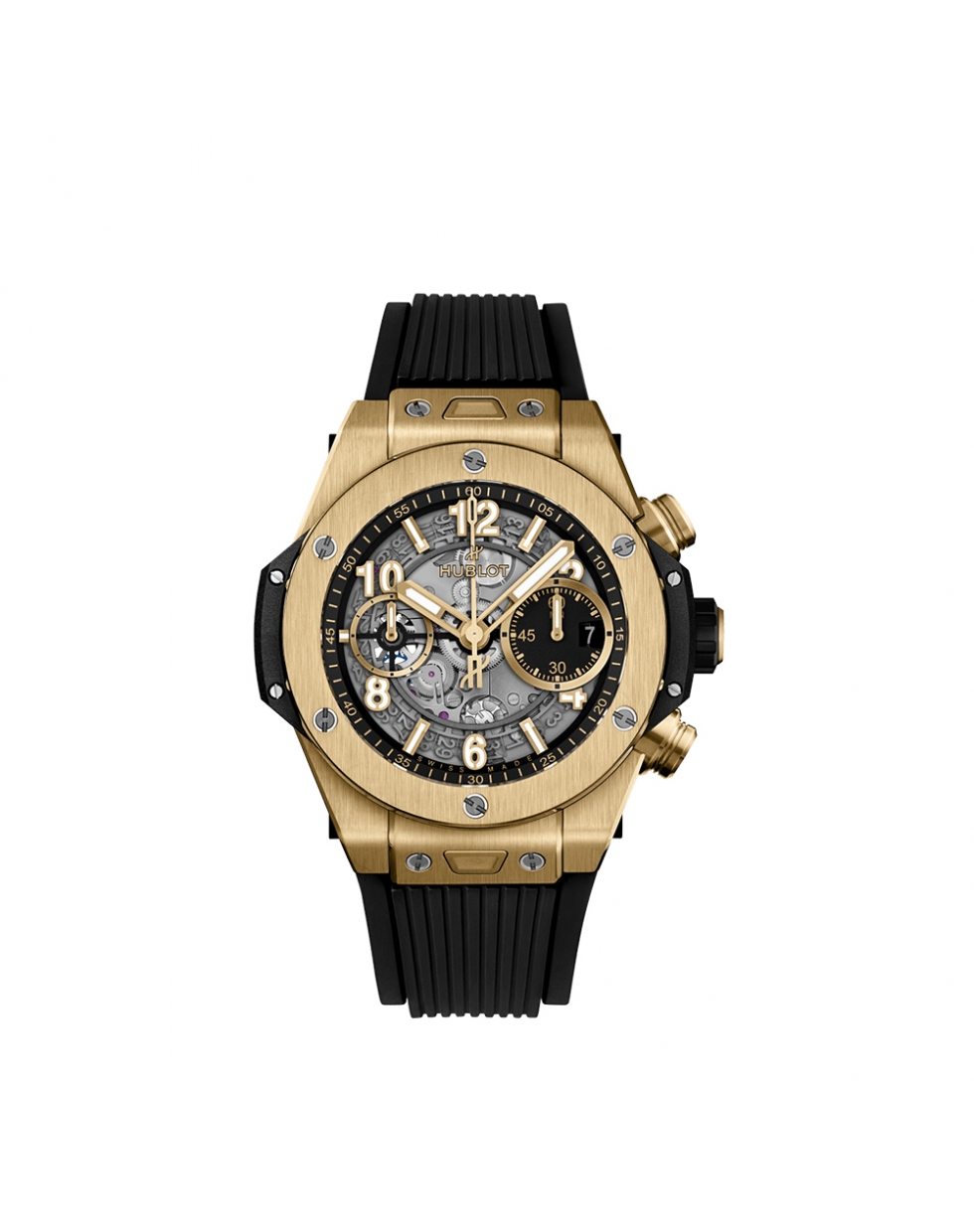 Montre Hublot Big Bang Unico Yellow Gold automatique cadran squeletté noir mat bracelet caoutchouc noir 42 mm