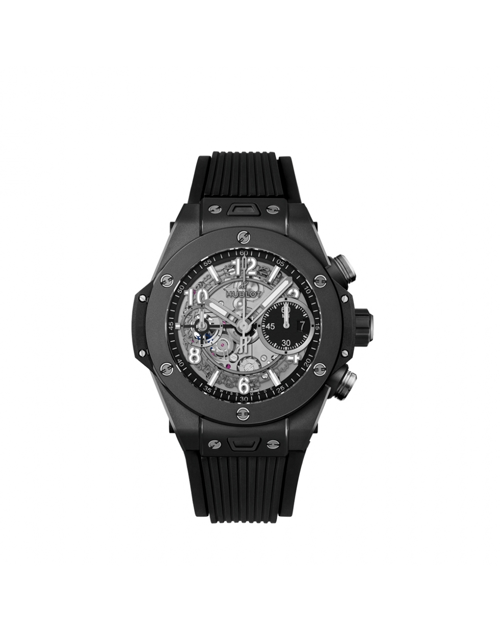 Montre Hublot Big Bang Unico Black Magic automatique cadran squeletté noir mat bracelet caoutchouc noir 42 mm