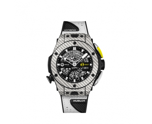 Montre Hublot Big Bang Unico Golf automatique cadran noir mat bracelet caoutchouc noir et cuir de veau blanc 45 mm