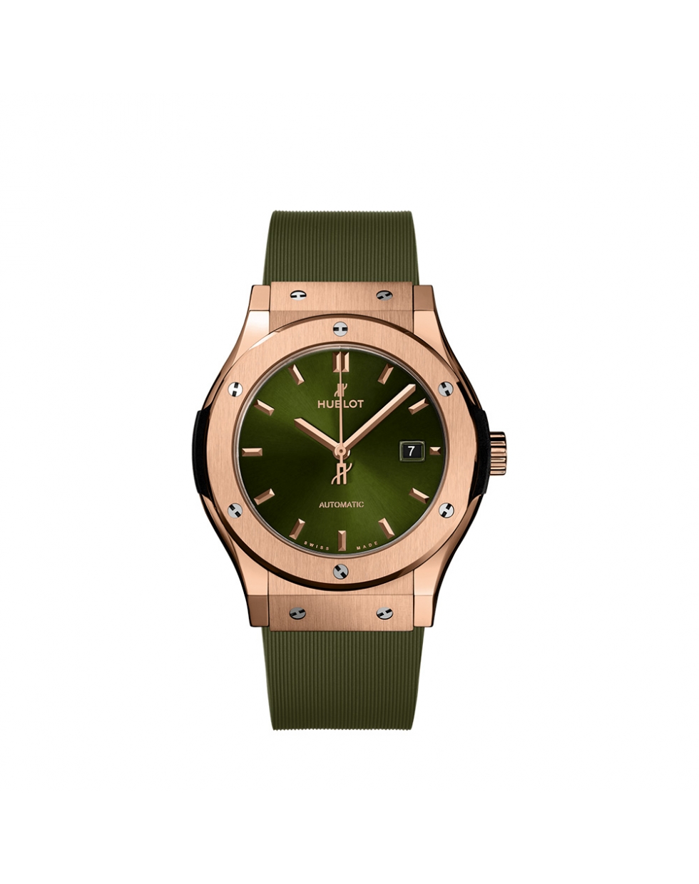 Montre Hublot Classic Fusion automatique cadran vert bracelet en caoutchouc vert ligné 42 mm